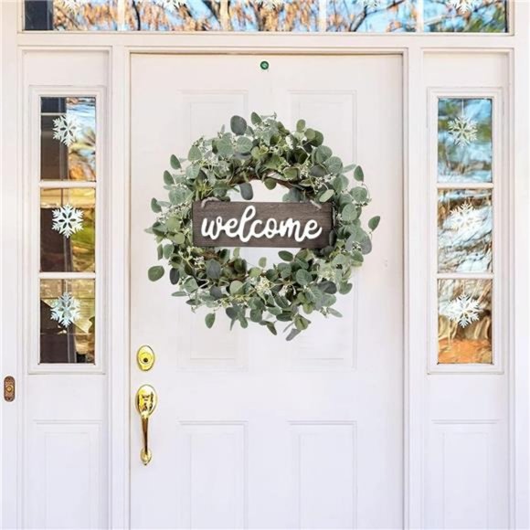 Green Eucalyptus Leaf Wreath with Welcome Sign 20in Artificial Eucalyptus Wreath - Picture 1 of 7